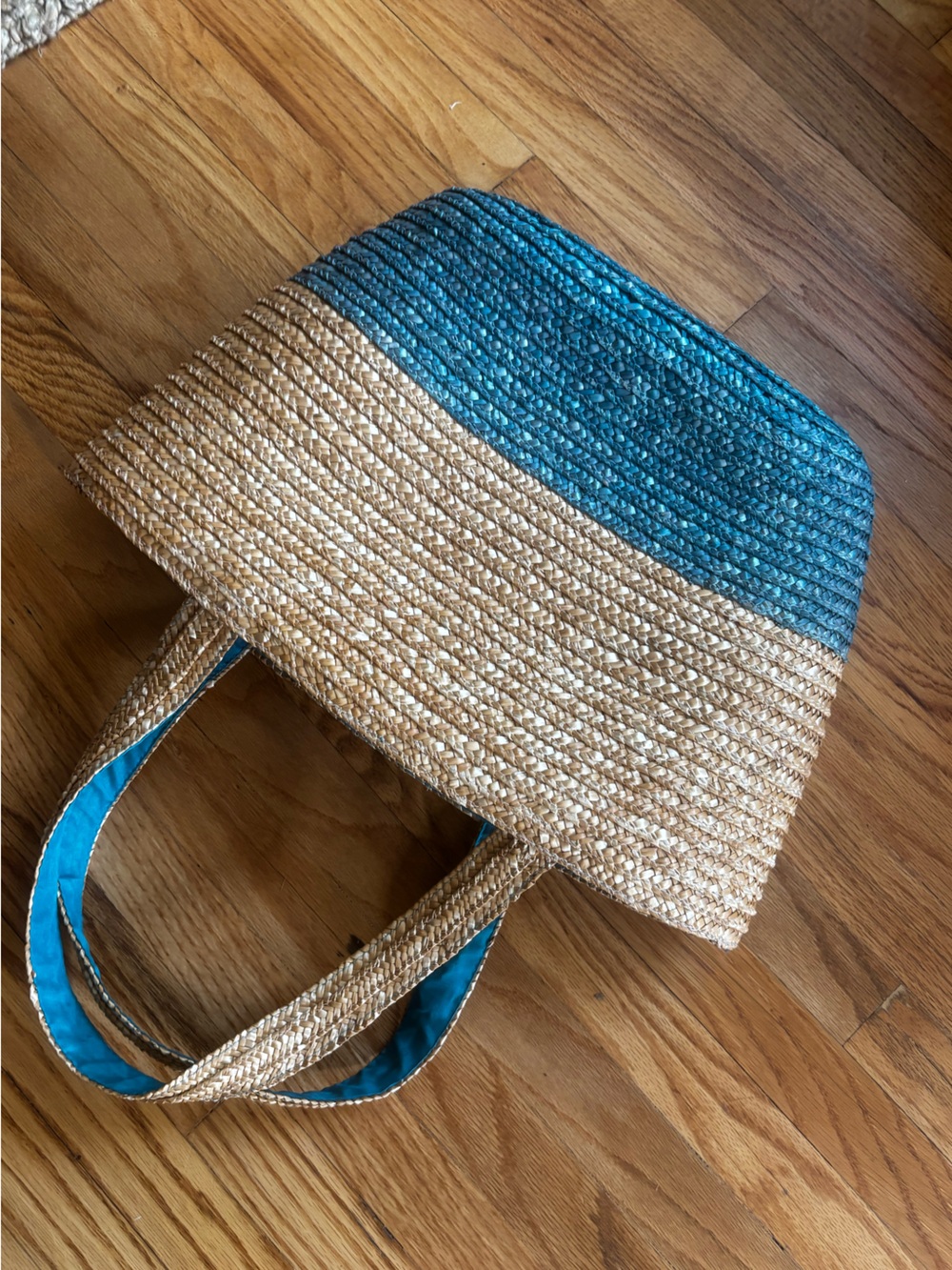 Turquoise and Natural Straw Tote Bag